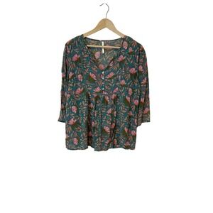 Rockflowerpaper Floral Blouse Womens L Teal  Boho Festival 3/4 Sleeve